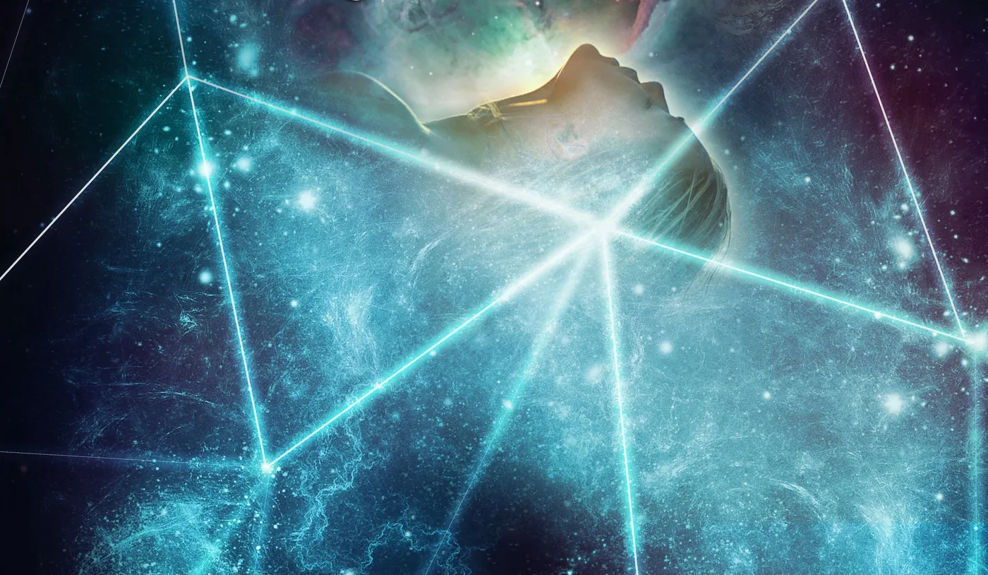 A face in profile within a field of glowing teal lines and stars