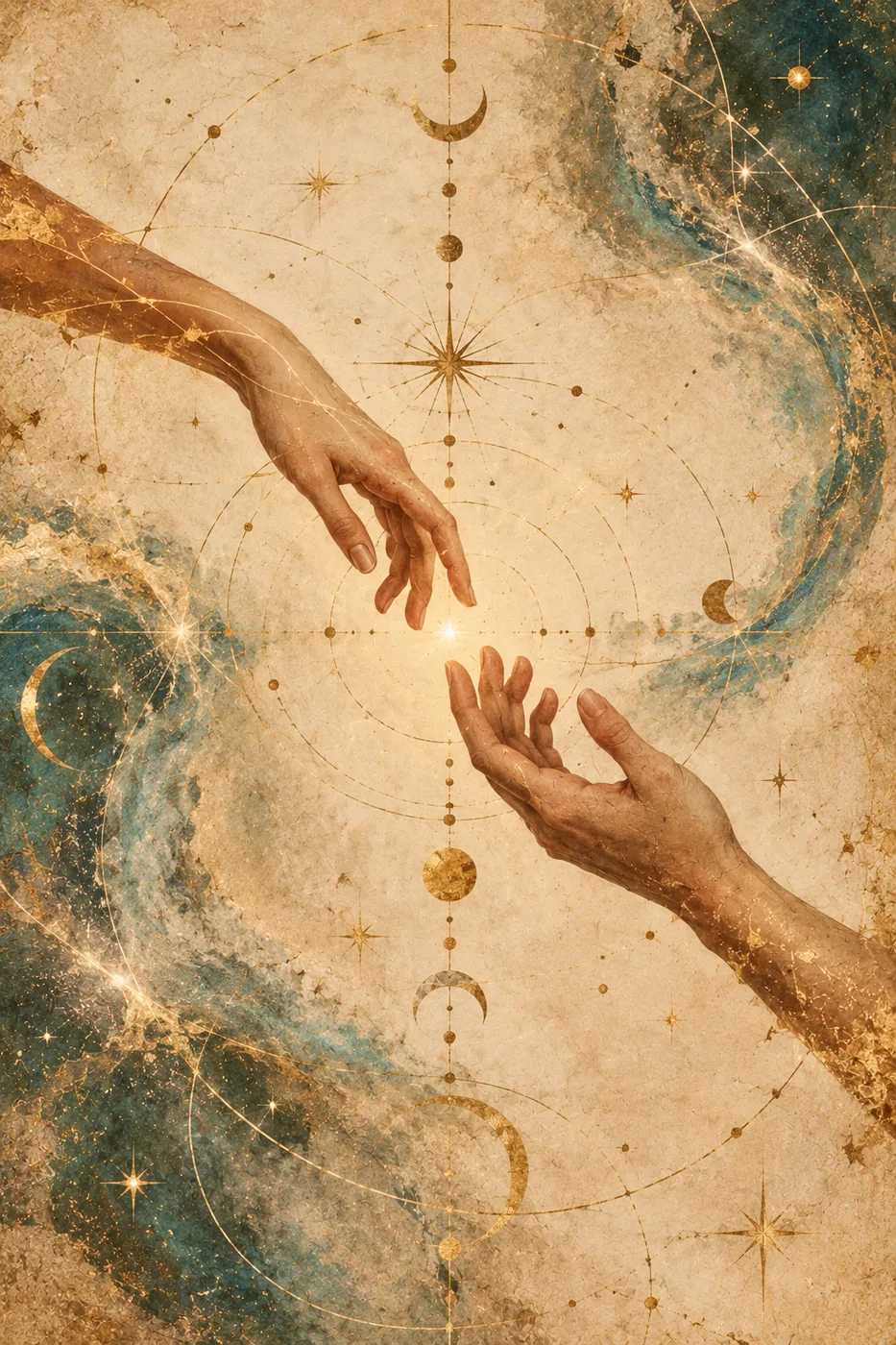 Two hands reaching toward each other across a golden celestial field